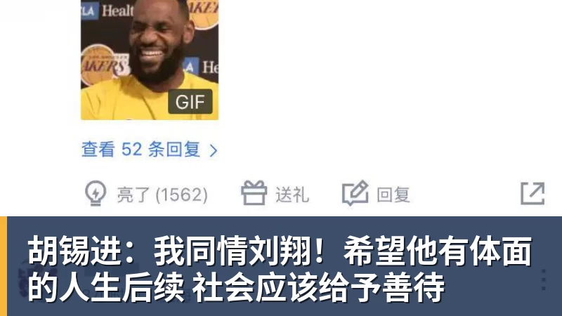 开运体育胡锡进：我同情刘翔！希望他有体面的人生后续 社会应该给予善待