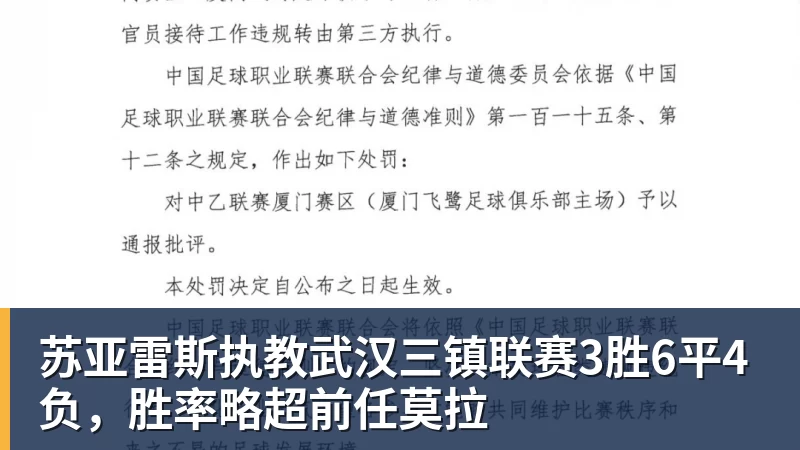 苏亚雷斯执教武汉三镇联赛3胜6平4负，胜率略超前任莫拉